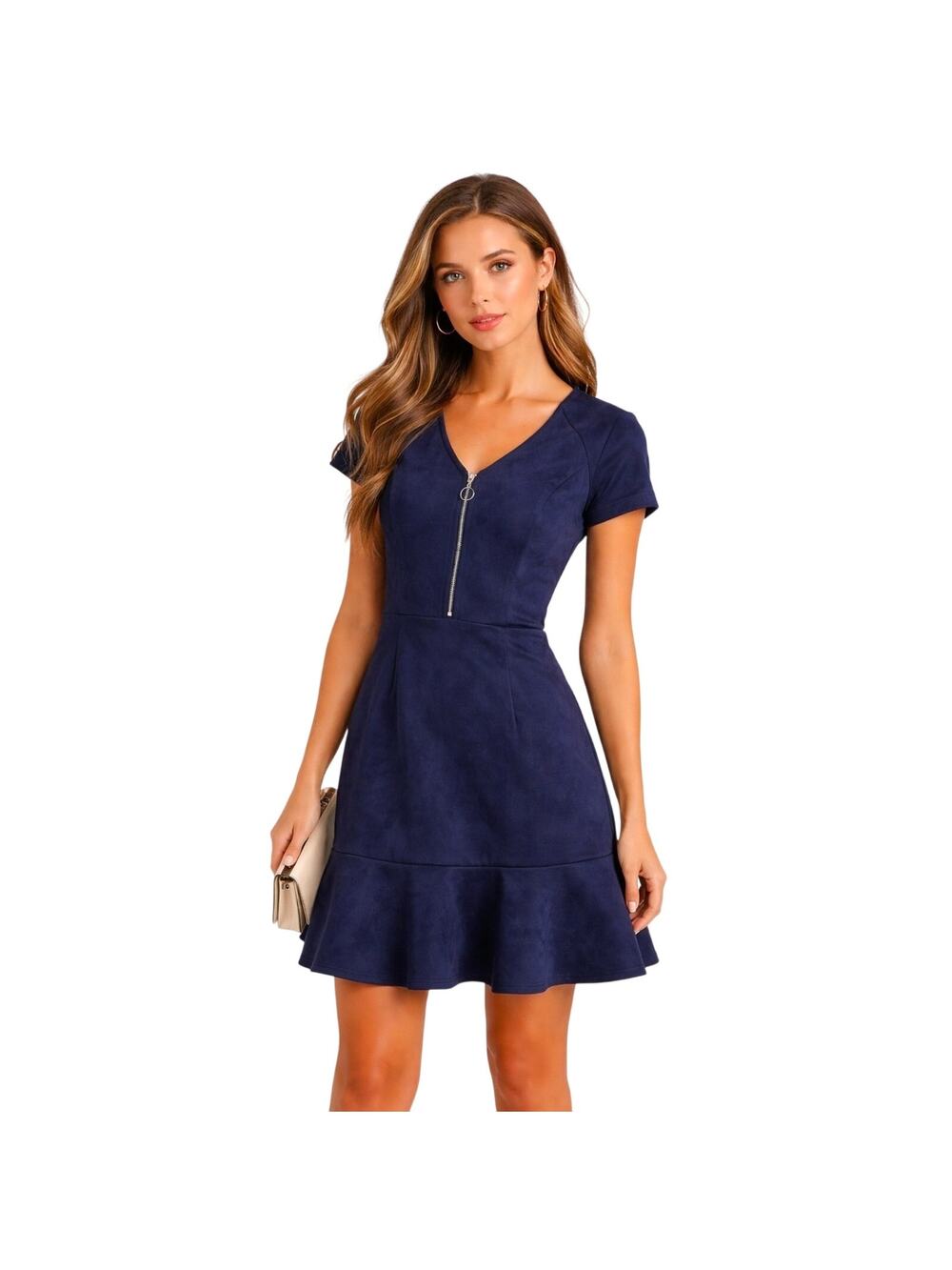 Minimalist Faux Suede Fit/Flare Navy Mini V‑Neck Zip Front Short Sleeve Dress M